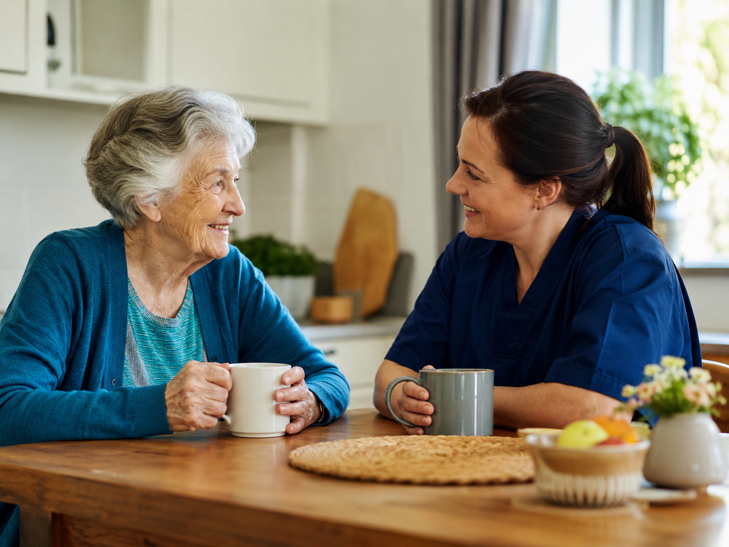 Moment convivial entre une aide à domicile et une personne âgée autour d’un café